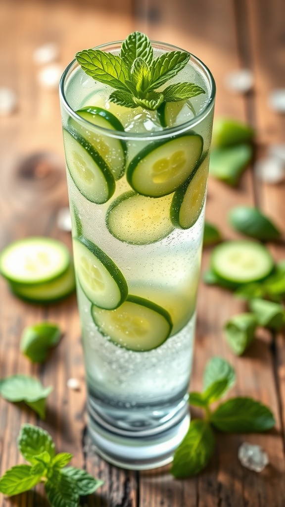 A refreshing Cucumber Mint Gin Fizz cocktail in a tall glass with cucumber and mint garnish on a rustic table.